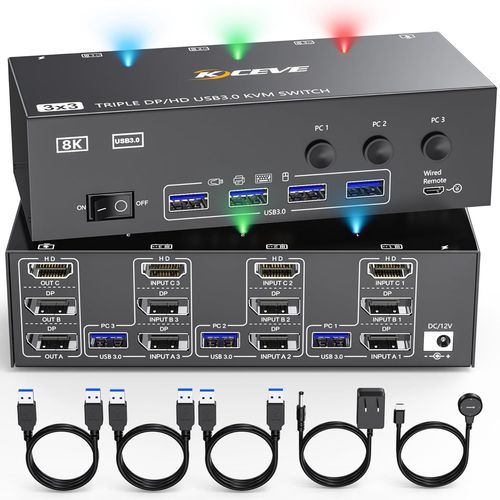Commutateur Kvm 3 Moniteurs 3 Pc,Displayport Hdmi Usb 3.0 Commutateur Kvm Pour Deux Écrans,Prend En Charge 4K @ 60 Hz Pour 3 Ordinateurs