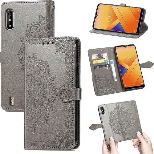 Coque Pour Wiko Y81, Portefeuille Etui Housse En Cuir A Rabat Avec Porte Carte, Chiusura Magnetica [Motif De Mandala] Flip Cover Case Antichoc Pour Wiko Y81, Gris