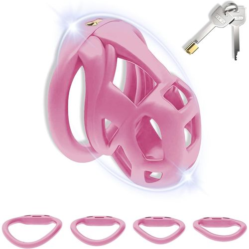 3d Résine Penis Cäfig Set Avec 4 Cock Rings Et 2 Clés Small Chastity Cage Hommes, Cage De Chasteté Hommes Sm Extreme Bondage Sex Toys Pour Homme Trainer (Small,Pink)