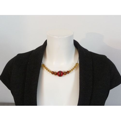 Collier/ Ras De Cou En Métal Noir Et Perles Rouge, Orange, Jaune Orangé