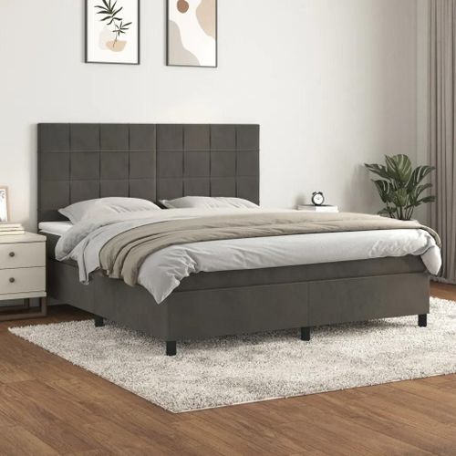 3143032 Vidaxl Lit À Sommier Tapissier Et Matelas Gris Foncé 160x200cm Velours