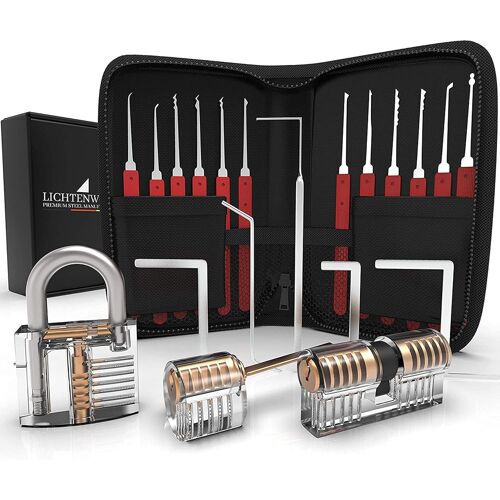 Kit de crochetage lumineux XXL avec instructions de montage 24 pièces - Dietrich Set de 3 serrures d'exercices transparentes - Kit de crochetage pour débutants et professionnels