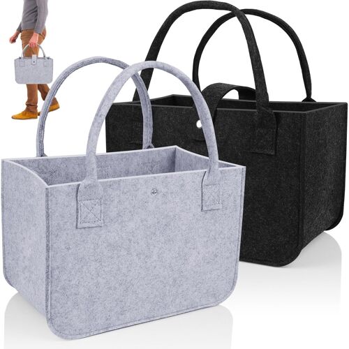 Sjzg-2 Pièces Sac De Courses En Feutre, Pliable Panier En Feutre, Grand Sac En Feutre Avec Anse Pour Bois De Cheminée, Jouets, Vêtements, Shopping, 39x26x20cm, Noir & Gris Clair