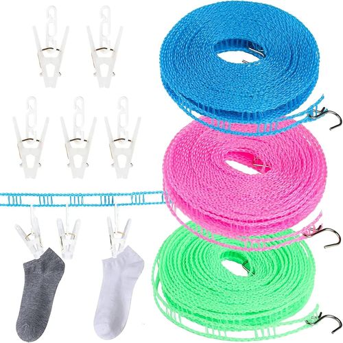 jum-Corde À Linge,Lot De 3 Coupe Vent Nylon Ligne De Blanchisserie 8M Avec 5 Pinces À Linge,Longueur Réglable,Corde À Linge Portable Antidérapante Pour Cour,Voyage,Intérieur Et Extérieur