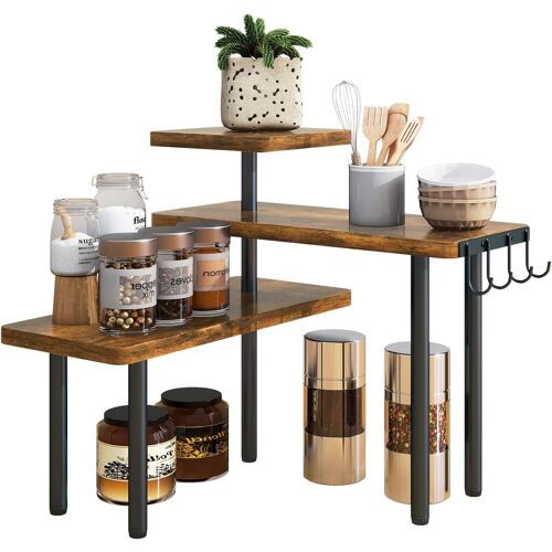 Jexnovashop-Ibukye Étagère D'angle De Cuisine À 3 Niveaux,Porte-Épices Avec Crochets, Organisateur De Comptoir,Pour Rangement D'épices,Pour Salle De Bain, Comptoir, Armoire, Plante, Brun Rustique,Tlj