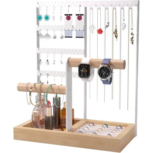 Jexnovashop-Porte Bijoux Femme, Présentoir Arbre À Bijoux Porte Boucle D'oreille À 4 Niveaux, Présentoir Collier Avec Plateau Et Crochets Pour Chaînes, Bagues, Bracelets, Montres, Blanc
