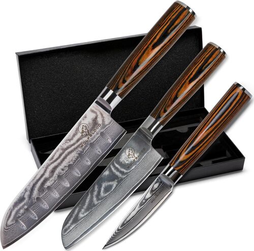 Chicslick-Santoku Lot De 3 Couteaux De Cuisine Professionnels En Acier Damassé 67 Couches Avec Couteau Santoku, Couteau De Bureau, Boîte Cadeau Et Protège-Lame[X1477]