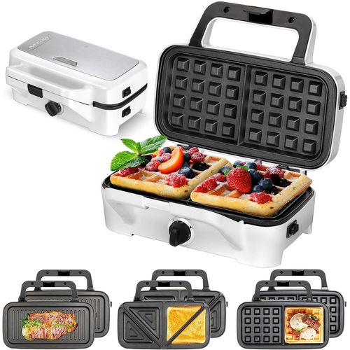 SUBZONAL-MOP-33M Sandwichs 3 en 1, Plaques Interchangeables, Appareil à Croque Monsieur, Gaufrier Belge, Grill pour Viande et Poisson, Contrôleur de Température Automatique, 1200W, Acier Inoxydable,