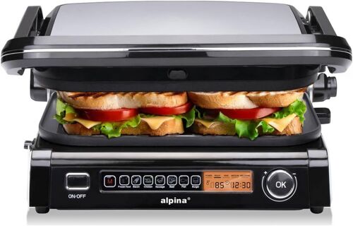 Gril de contact - 230 V/1000 W - Appareil à croque-monsieur - Barbecue Panini - Légumes, pain et viande - Revêtement anti-adhésif - Bac d'égouttement - Noir/rouge