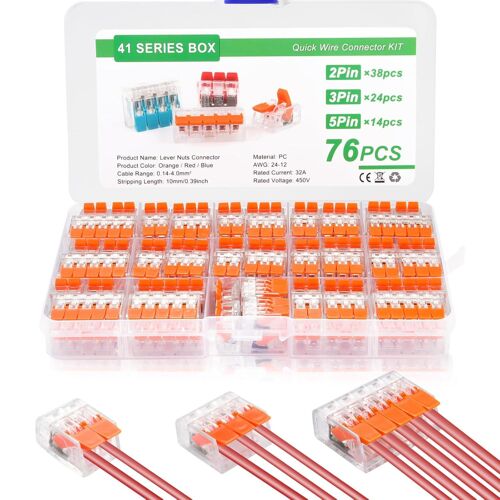 JEXNOVASHOP-76 Pièces Connecteur Electrique,Compacts Rapide Cosses, Borne de Connexion Electrique, 38 Pcs 2 Entrées, 24 Pcs 3 Entrées,14 Pcs 5 Entrées Assortiment, Electrique pour 412, 413, 415 Câbla