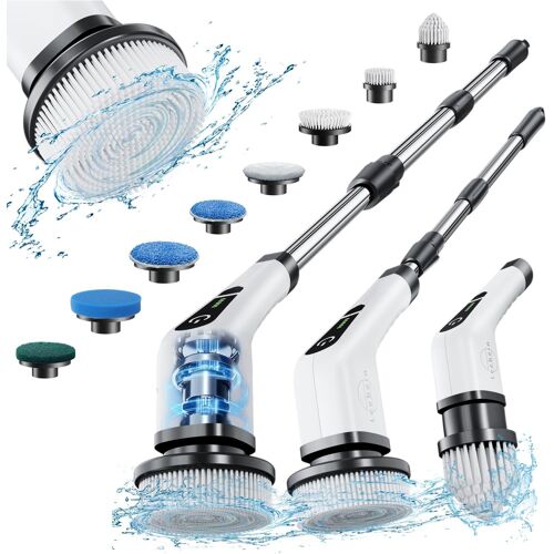 JEXNOVASHOP-Brosse Electrique Nettoyage Rotative, Brosse de Nettoyage sans Fil avec 8 Têtes de Brosse Remplaçables, Electric Spin Scrubber avec Poignée Réglable de 137cm pour Salle de Bain Cuisine Vo