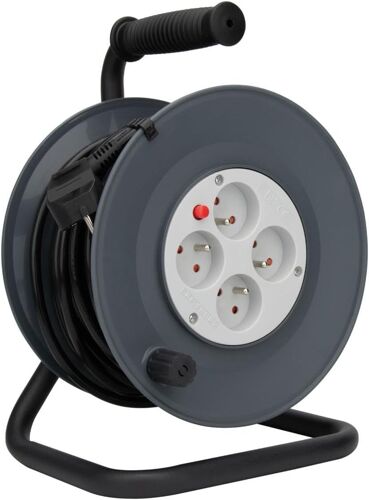 MEVRONISSHOP-Enrouleur H05VV-F 4 Prises 3G1,5mm² 25m + Coupe-Circuit - Gris