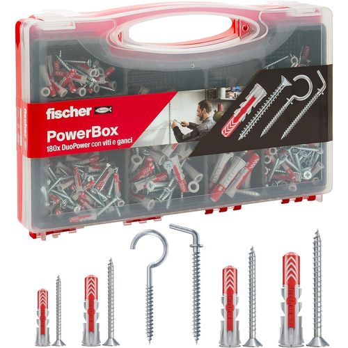 SUBZONAL-Fischer PowerBox 564282 Lot de 180 chevilles DuoPower avec vis et crochets pour mur plein, perforé et cloison sèche, 360 pièces au total,