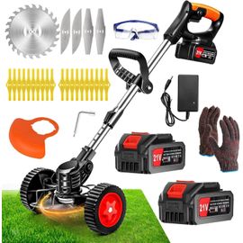 SUBZONAL-Debroussailleuse Electrique sans Fil,21V 4.0AH Coupe Bordure sans Fil avec 2 Batterie et Trois Types De Lames,Bordure avec Roues,Légère à Faible Bruit pour La Coupe De Jardin, Pelouses Arbus