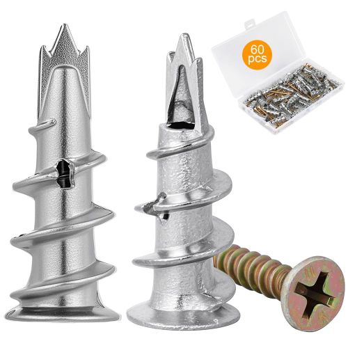 ASFASFq-60 Pcs Chevilles pour Placoplatre, Cheville Queue de Cochon, M4 Chevilles pour Plaques de Plâtre avec Vis Autoforeuse, Chevilles Autoperceuses en Métal pour Plaques de Plâtre Béton Briques