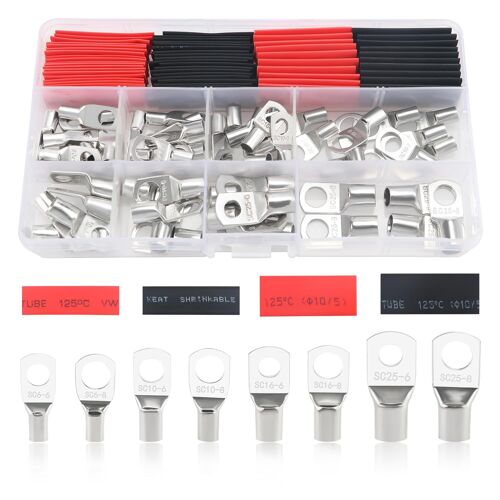 JEXNOVASHOP-120 Pièces M6/M8 Cosses Tubulaires Kit, Cosses de Embouts de Câble de Batterie, pour Câble Électrique, avec Gaines Thermorétractables, Argent