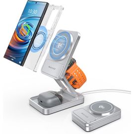 Chargeur Magnétique Sans Fil Pour Samsung,Qi2 Station De Recharge Mag-Safe 3 En 1 Pliable En Alliage D'aluminium Pour Samsung Galaxy S25 Ultra S24 Galaxy Watch Ultra 8 7 Buds Pro 3 (Argent)