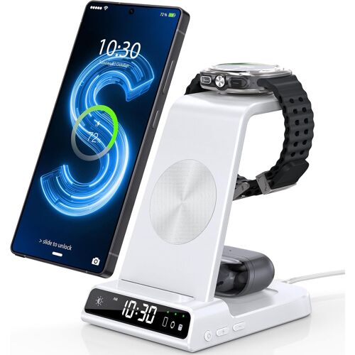 Chargeur Induction Fil Pour Samsung Galaxy S24 Ultra/S25,Chargeur Sans Fil Avec Horloge Numérique Pour Samsung Galaxy Watch 8/7,Wireless Charger Pour Galaxy S23,Fold 7/Flip 4,Active 2 (Blanc)