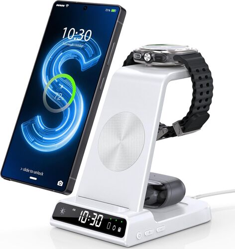 Chargeur Induction Fil Pour Samsung Galaxy S24 Ultra/S25,Chargeur Sans Fil Avec Horloge Numérique Pour Samsung Galaxy Watch 8/7,Wireless Charger Pour Galaxy S23,Fold 7/Flip 4,Active 2 (Blanc)