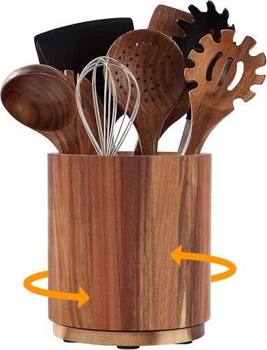 Jexnovashop-Pot À Ustensile De Cuisine, Porte-Ustensiles En Bois Avec Rotation À 360°, Support À Couteaux De Cuisine Pour Organiser Les Ustensiles De Cuisine, Rangement Pot Ustensile Pour Fourchette