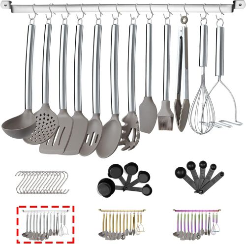Mevronisshop-38 Pièces Ensemble D'ustensiles De Cuisine En Avec Support À Ustensiles, Tête En Silicone Et Poignée En Acier Inoxydable, De Cuisine Pour Ensembles D'usten, Gadgets De Cuisine Antiadhési