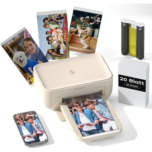 SUBZONAL-Photo Printer - Imprimante photo portable (10 x 15 cm) avec 20 feuilles de papier et 1 ruban - Imprimante de sublimation sans fil pour iPhone & Android - Idéal pour les voyages, la maison et