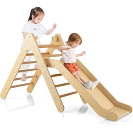 Costway Toboggan Enfant 2 En 1 Avec Triangle D'escalade En Bois Massif, Pente De Toboggan Réglable, 1 An +, Charge 60 Kg Naturel