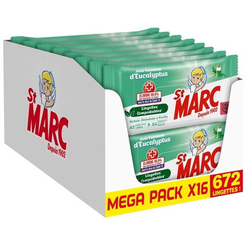 ST MARC Lot de 16 Lingettes nettoyante Désinfectante, 42 lingettes, Parfum Eucalyptus, Convient aux appareils électroniques