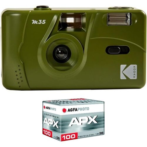 SUBZONAL-Pack M35 Argentique + Pellicule 100 ASA - Appareil Photo Kodak Rechargeable 35mm Olive Green, Objectif Grand Angle Fixe, Viseur optique , Flash Intégré + Pellicule APX 100, 36 poses