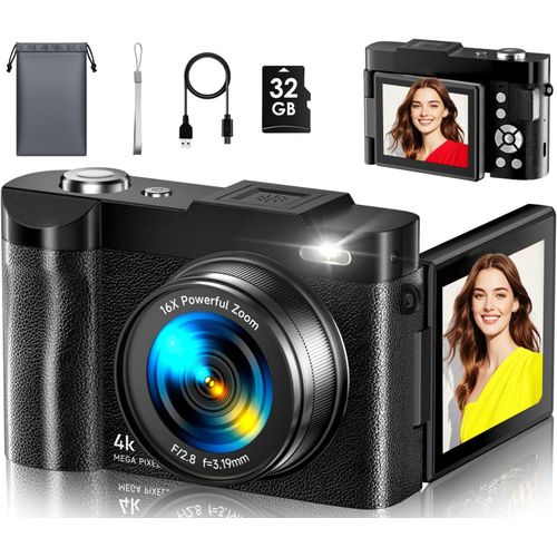 Appareil Photo Numérique,4K 50Mp Appareil Photo Compact Avec Écran Rabattable 180° Caméra De Vlogging Avec Carte 32Gb,Zoom Numérique 16X Pour Débutants,Adolescents
