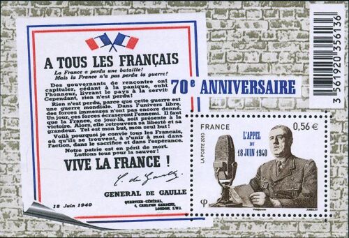 France 2010, Très Beau Mini-Bloc Feuillet Neuf** Luxe Yvert 4493, Général De Gaulle, 70ème Anniversaire De L'appel Du 18 Juin 1940.