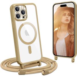 Étui Magnétique Magsafe Pour Iphone 16 Pro Max - Coque Silicone Transparente À Bords Galvanisés Dorés, Lanière/Cordon Réglable Et Amovible, Protection Complète