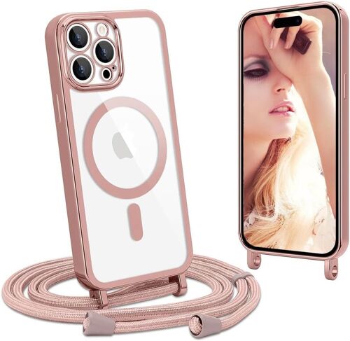 KALANKA-Coque avec Cordon Compatible avec iPhone 14 Pro, Coque Magnétique de Cellulaire Corde Transparent Silicone Étui en Galvanisé avec Réglable Collier Téléphone Chaîne Lanyard Housse, Or Rose