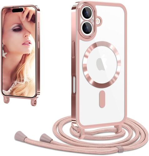JGD-Coque avec Cordon Compatible avec iPhone 17 6.3"", Coque Magnétique de Cellulaire Corde Transparent Silicone Étui en Galvanisé avec Réglable Collier Téléphone Chaîne Lanyard Housse, Or Rose