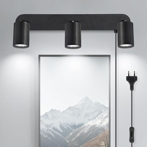 Applique Murale Intérieure Avec Prise Et Interrupteur 3 Spots-Noir Gu10 Lampe De Chevet Murale Tourner 350° Rétro-Lampe Murale Pour Chambre Salon Couloir Peinture Murale-Sans Ampoules