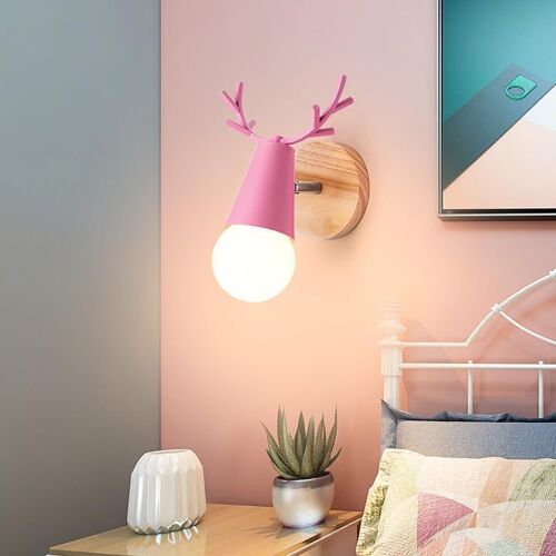 Applique Créative En Bois De Cerf,E27 Moderne D'intérieur Avec Tête Réglable,Décorative Pour Chambre D'enfant,Chambre À Coucher,Cadeau Intéressant (Rosa)