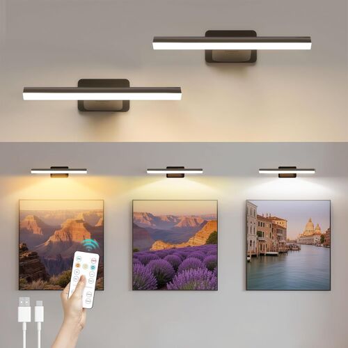 2pcs Applique Murale Pour Tableaux,4500mah Lampe Led Sans Fil Pour Cible De Fléchettes,Eclairage Tableau Led Sans Fil Avec Télécommande,3 Températures De Couleur Et Fonction Minuterie (Noir)