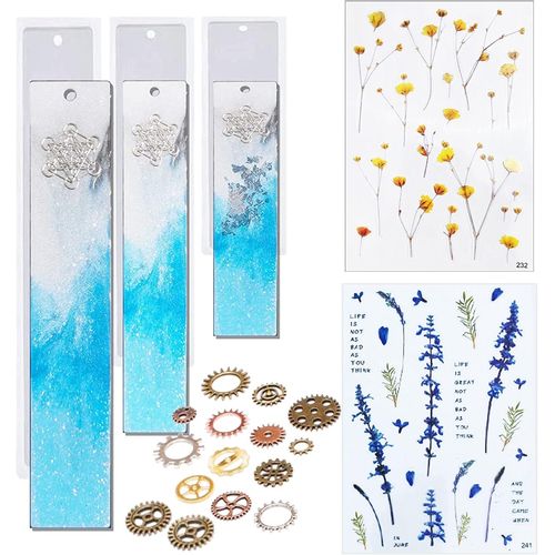 ERSAN-NA Lot de 6 moules en résine avec Marque-Page et 2 Feuilles de Fleurs séchées en résine époxy