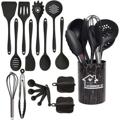 Mevronisshop-18 Ustensiles De Cuisine,Ustensiles De Cuisine En Silicone,Ensemble De Poêles Antiadhésives Résistantes À La Chaleur Haute Température Avec Pot De Stockage. (Noir)