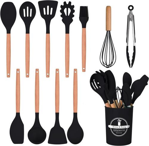Kalanka-Lot De 12 Ustensiles De Cuisine En Silicone Avec Poignée En Bois, Résistants À La Chaleur, Antiadhésifs, Spatule, Cuillère, Passe Au Lave-Vaisselle, Meilleurs Outils De Cuisine (Noir)