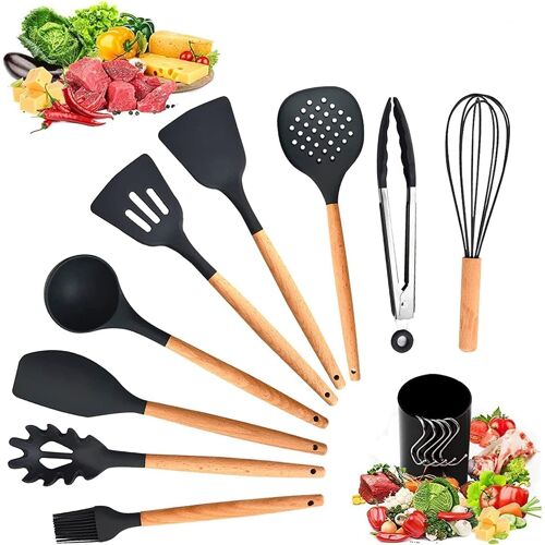 Mevronisshop-Set D'ustensile De Cuisine,11pcs Ustensiles De Cuisine En Silicone Poêle Antiadhésive Kit Ustensiles Cuisine Avec Boîte De Rangement Et Crochet Poignées En Bois Support Équipement Cuisin