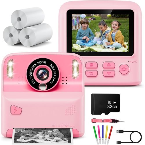 Appareil Photo Instantané Enfant,2,4"" 1080P Appareil Photo Enfant Avec 32Gb Carte&Papier D'Impression,Stylos Colorés,Cadeau Pour Filles Garçons De 3-12 Ans(Rose)