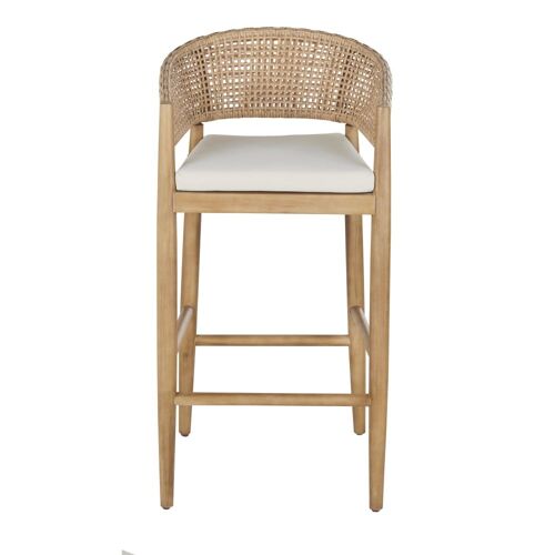 Fauteuil De Bar De Jardin Professionnel En Bois D'acacia Massif, Corde Beige Et Coussin Écru