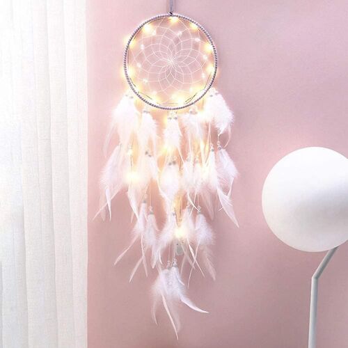 Décoration bohème, attrape-rêves LED pour fille, fait main, en dentelle, plumes, blanc