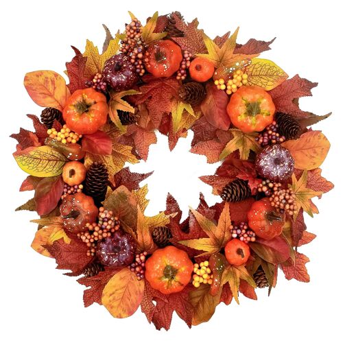 2025 - Nouvelle couronne de citrouilles à suspendre sur une porte, imitation érable, couronne de baies, cercle en rotin, décoration de Thanksgiving