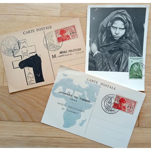 Lot De 3 Cartes Postales Journée Du Timbre Aof 1945 Et 1955 (Dahomey Et Mauritanie, Femme De La Tribu Guerrière, Timbre Louis Xi)
