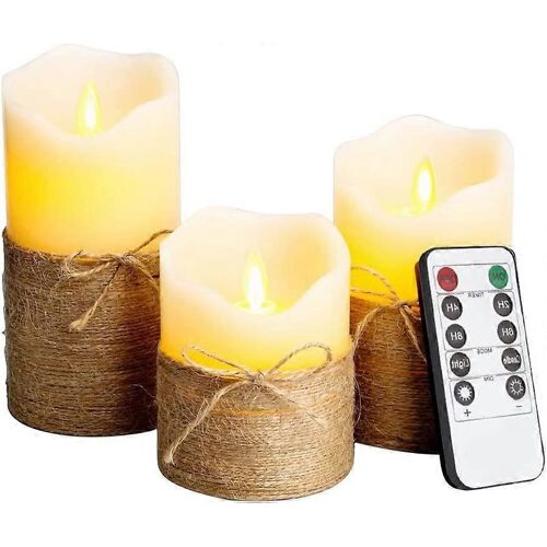 Lot de 3 bougies LED sans flamme en corde de chanvre, à piles, avec télécommande, en cire véritable, scintillantes
