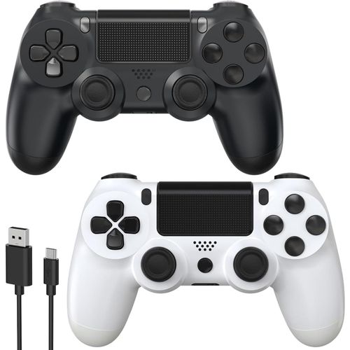 Lot De 2 Manettes De Jeu Sans Fil P4 Pour P4/Pro/Slim/Pc Noir Et Blanc,Avec Option Turbo,Bouton Arrière,Double Vibration,Capteur Gyroscopique 6 Axes Et Écran Tactile