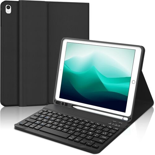 Coque Clavier pour iPad 9e/8e/7e Génération 10.2 Pouces, AZERTY Français Housse Clavier Bluetooth Détachable avec Porte Crayon pour iPad 2021/2020/2019 10.2""/Air 3 2019/iPad Pro 10.5 2017, Noir