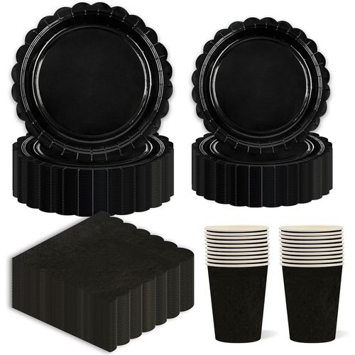Tianyi-Lot De 96 Assiettes En Carton Noires Pour Fête D'anniversaire, Gobelets, Assiettes De Fête, Assiettes De Fête, Pour Anniversaire D'enfant